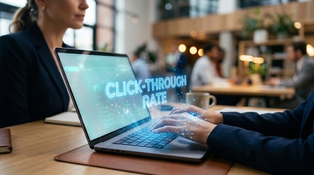 CTR click through rate, online advertising analytics, digital marketing performance with laptop screen