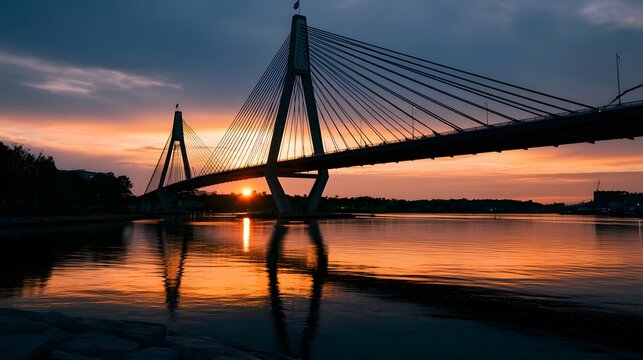 A refined view of a busy bridge during a dramatic sunset showcasing glowing highlights and shimmering textures