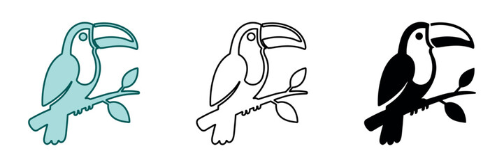 Naklejka premium Stylized toucan perched on a branch with leaves, presented in three distinct graphic styles