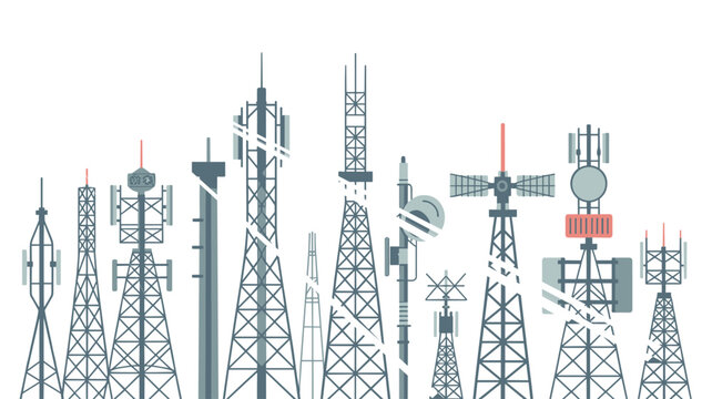 Group of tall communication towers with diverse antenna types and signal equipment for widespread wireless network coverage and telecommunications service expansion.