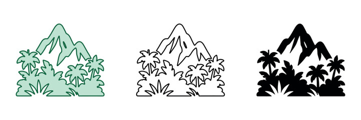 Tropical mountain landscape with palm trees and lush vegetation in a stylized graphic © Ophelia