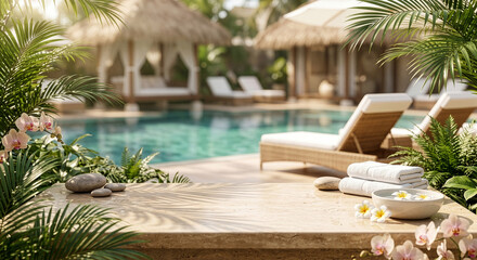 Obraz premium Empty stone table with spa towels and flowers near a tropical pool. Perfect for product mockup.