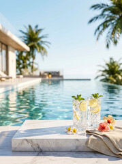 Obraz premium Empty marble podium by a sunny pool with iced drinks. Perfect for summer product mockup.