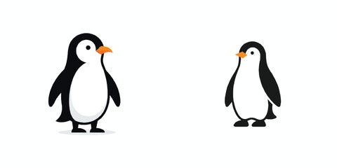 Fototapeta premium A small penguin standing proudly, simple minimalist flat design, sleek tuxedo shape, no outline, black, white, and a touch of orange for the beak, solid white background, vector illustration style. 