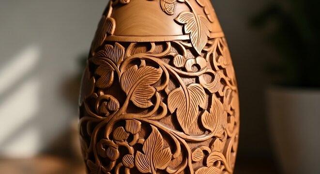 Handcrafted Wooden Vase with Intricate Floral Carving Pattern and Elegant Artisan Decorative Design Close Up