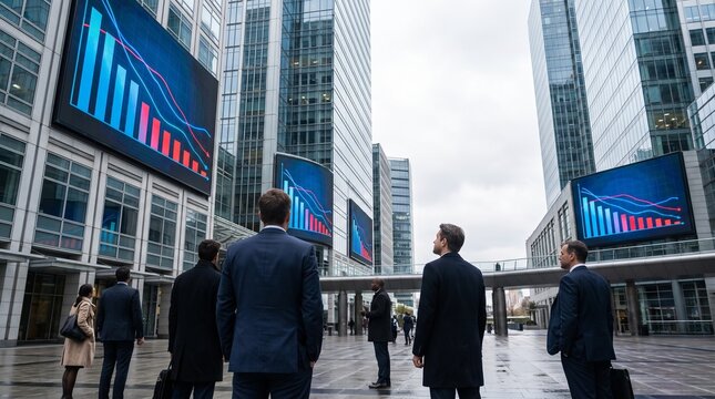 Modern financial district with anonymous business professionals observing large digital financial displays
