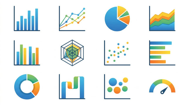 Collection of various data visualization charts and graphs icons.
