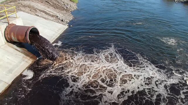 Aerial View Of Industrial Pipe Discharging Polluted Wastewater