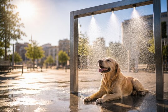 Golden Retriever cooling under a public misting station on a hot summer day. Pet heat relief, outdoor cooling, extreme heat, heat wave safety and animal welfare concept