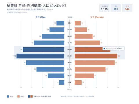 Workforce population pyramid chart vector editable template with male female age band horizontal bars headcount labels and volume zone highlight for workforce composition planning