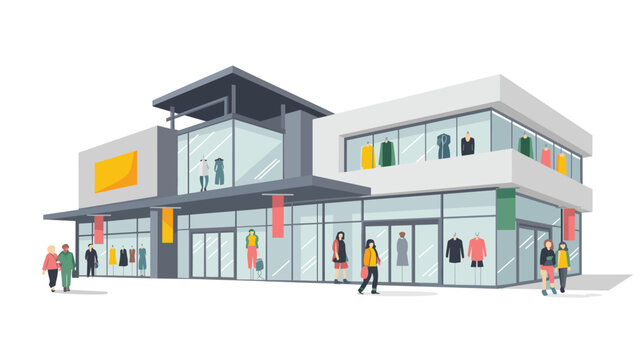 Retail storefront with customers walking outside and mannequins displaying apparel inside the glass-walled shopping complex in isometric perspective.
