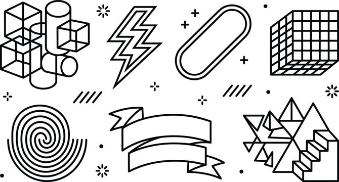Abstract geometric shapes and retro memphis design doodle element set with wireframe cubes lightning ribbon vector