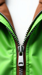 Naklejka premium Closeup of bright green jacket zipper partly open. Smooth shiny fabric contrasts with brown lining and metal fastener. Detailed view of clothing component, fashion element.