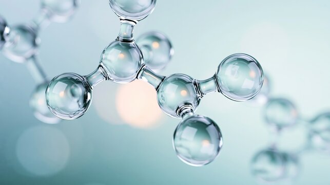 Transparent molecular structure connecting clear glossy spheres, symbolizing science, biotechnology, and healthcare innovation on a light background
