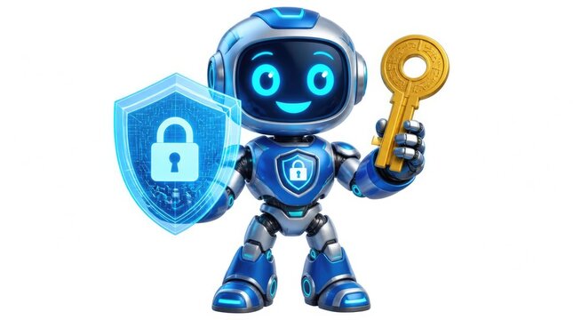 Robot holding golden key and security shield