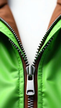Closeup of bright green jacket zipper partly open. Smooth shiny fabric contrasts with brown lining and metal fastener. Detailed view of clothing component, fashion element.
