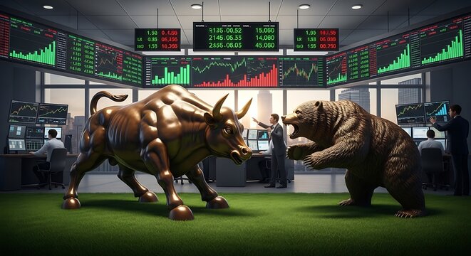 Bronze Bull and Bear Facing Off in Modern Stock Trading Room