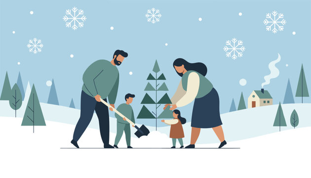 Family consisting of parents and children clearing snow together in a winter landscape with a house in the background.