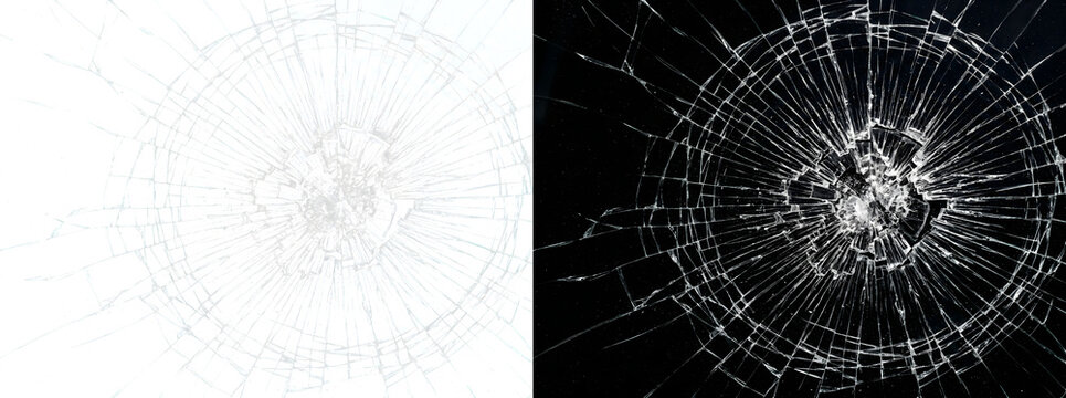 Broken glass realistic shattered impact effect for dramatic designs with PNG, Transparent and Black Background Versions