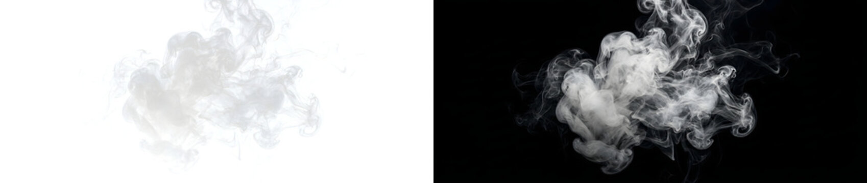 Smoke realistic white swirling cloud overlay for creative visuals with PNG, Transparent and Black Background Versions