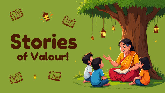 Indian woman telling stories valour to children under a tree
