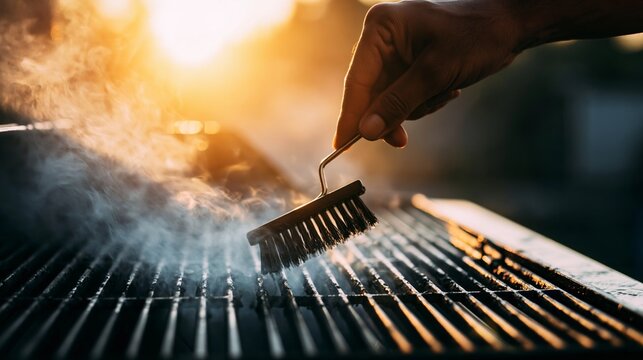 Hand cleaning hot barbecue grill grates with a metal brush, smoke rising in warm golden hour light, creating an inviting outdoor cooking atmosphere