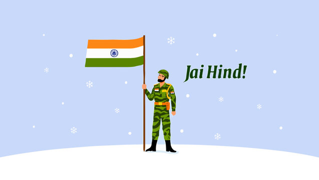 Soldier holding the indian flag with jai hind message on a snowy background