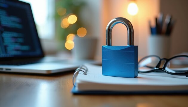 Blue padlock sits on notebook page next to eyeglasses and laptop with code. Home office setup signifies digital security protection and data privacy measures.