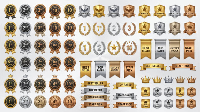Mega collection set of premium award badges medals ribbons and seal icons featuring gold silver and bronze metallic finishes for ranking and achievement,