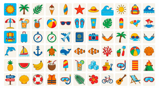 Mega collection set of colorful summer vacation and travel icons featuring beach activities tropical nature sea life and holiday gear,