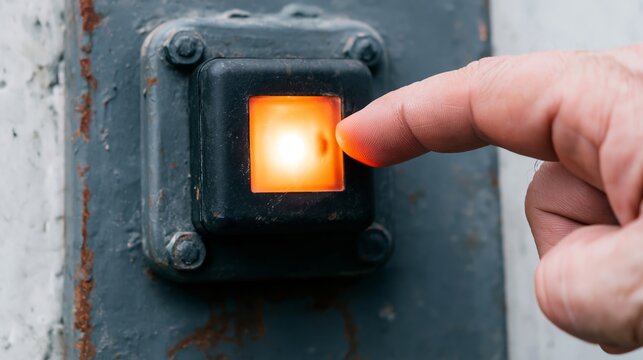 Finger pressing a glowing orange button on a rugged, weathered industrial control panel, initiating power for an old machine
