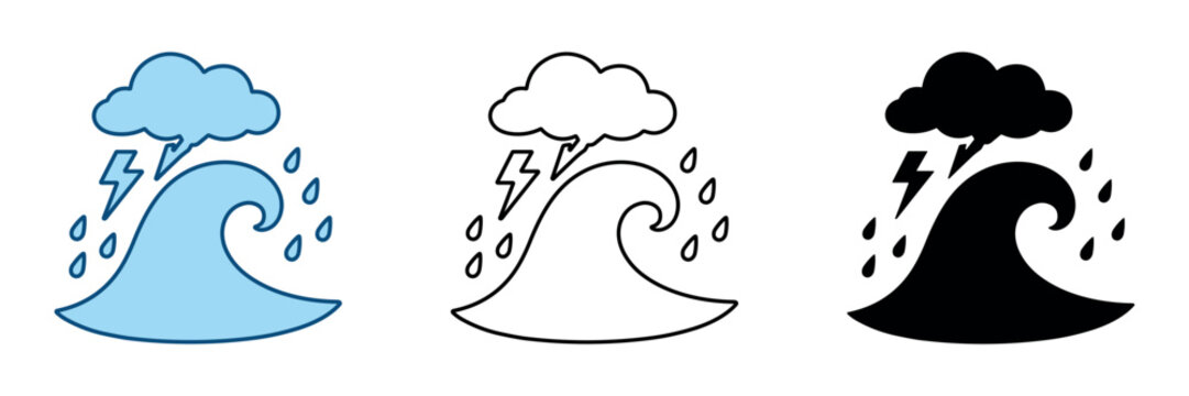 Stormy weather with crashing waves, lightning, and heavy rain depicted in three styles
