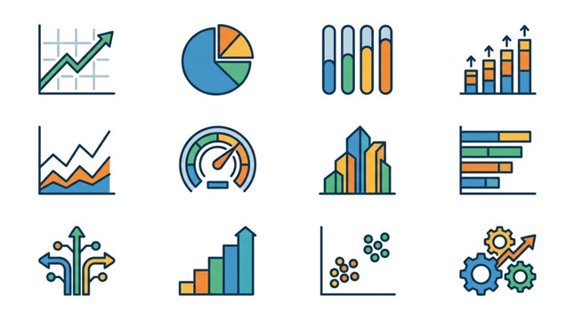 Collection of various business and financial charts and graphs icons.
