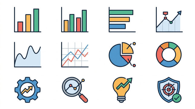 Collection of business and financial chart icons for data analysis.