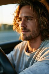 Fototapeta premium Young man driving car in bright interior with relaxed posture