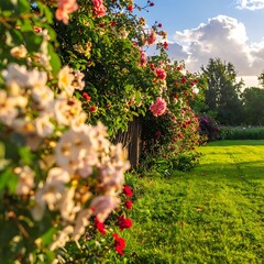 Fototapeta premium A serene garden scene with vibrant flowers and lush greenery under a blue sky