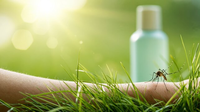 Mosquito landing on human skin in green grass with insect repellent bottle, summer outdoor health protection concept illustrating danger