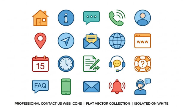 Contact us flat icon set with communication and customer support vector symbols