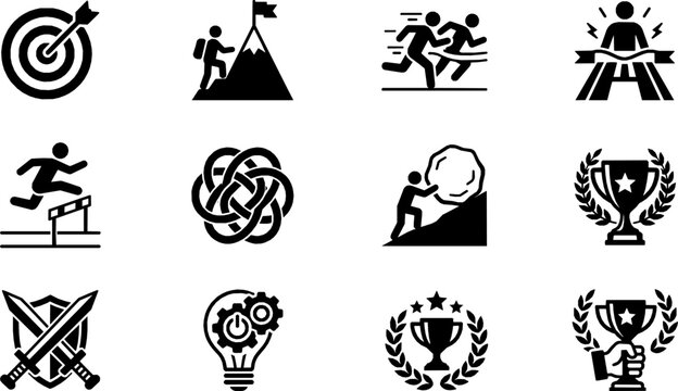 Challenge icon set with goals, obstacles, competition, hurdle, issue, overcome, resolve, rivalry, success, problem solving symbols. clean vector icons for apps, web, business design.