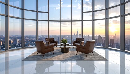 Plakat Modern luxury penthouse office lounge with panoramic city skyline view at sunset