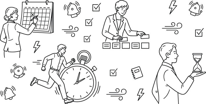 Time management and productivity doodle element set with business people organizing schedule and meeting deadlines vector