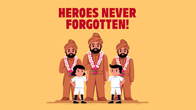 Shaheedi diwas illustration with sikh gurus and children remembering heroes