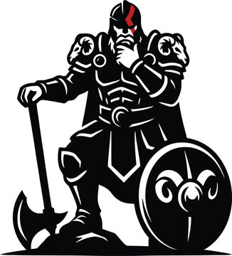 A stylized computerized sketch of a thoughtful legendary viking warrior standing with an axe and a round shield.