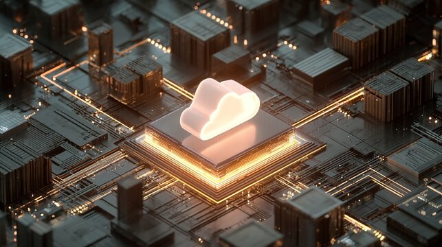 Cloud computing technology and online data storage concept with computer connected to internet server for secure cloud data transfer in futuristic 3d digital environment
