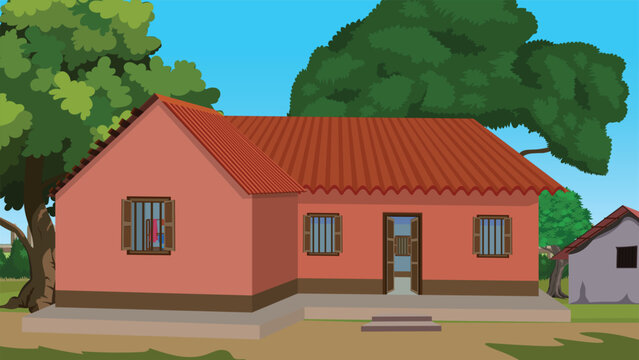 Rural house illustration showcasing an L-shaped pink clay home flanked by large leafy green trees under a clear blue sky in a traditional Indian village.