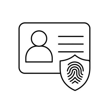 Black line icon of a persons id card with a shield and fingerprint for security and authentication