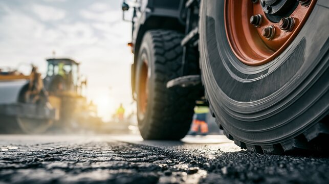 Ground level view of a large tire on new pavement. Heavy machinery and workers are in the background, building infrastructure