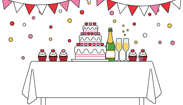 Festive party table setup with a delicious tiered cake, cupcakes, champagne, and colorful banners, ready for a celebration event.