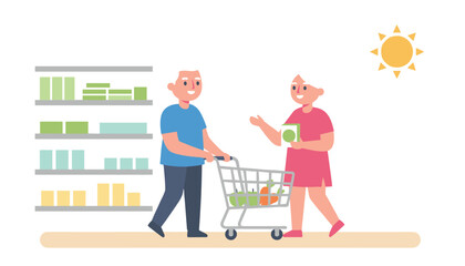 Fototapeta premium Elderly couple shopping for healthy groceries together in a supermarket, choosing organic food items with a shopping cart, flat illustration.