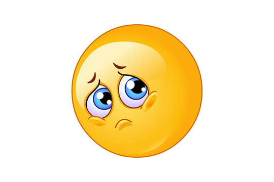 Sad yellow emoji character with tearful eyes and a downturned mouth showing deep sorrow emoticon depressed miserable expression communication emotional
